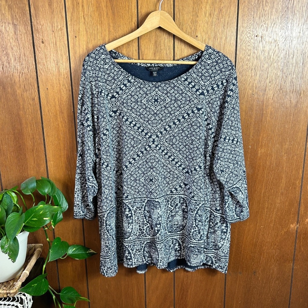 Lucky Brand 3X 3G Plus Size Black White Print Modal Cotton 3/4 Sleeve Top Shirt